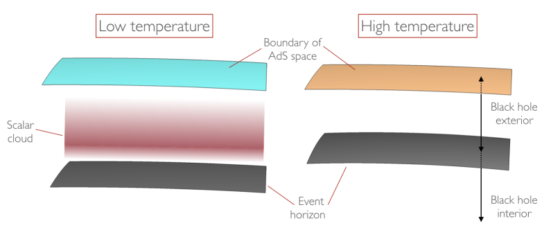 Dual description of the phase transition occurring in holographic superconductors. At low temperatures (left) the event horizon of an electrically charged black hole sits far away from the boundary of AdS. This allows the formation of a cloud of charged scalar field, which is the dual representation of the condensate responsible for superconductivity. At high temperatures (right) there is less room between the horizon and the AdS boundary, and the scalar cloud does not fit in that region. Without the presence of a condensate, the conductivity drops abruptly.