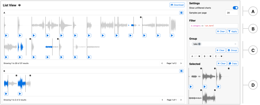 A list component looking at audio samples from the ESC-50 environmental noise classification dataset.
The toolbar on the right has UI elements for the different interactions tools available in 