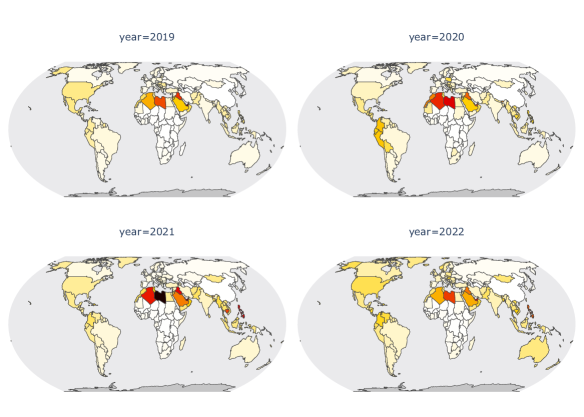 Figure with four choropleths plotting the CyberTipline reports per
capita, country, and year for 2019 through 2022. North African and Middle
Eastern countries are shaded in dark colors in all four panels, representing
consistently very high reports per capita for most Arab League countries,
whereas most other countries become successively darker over the four years due
to a doubling of total reports over that period.