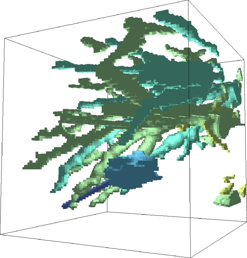 Segmentation rendering for the needle, the tumor and the vessels in the 3D domain.