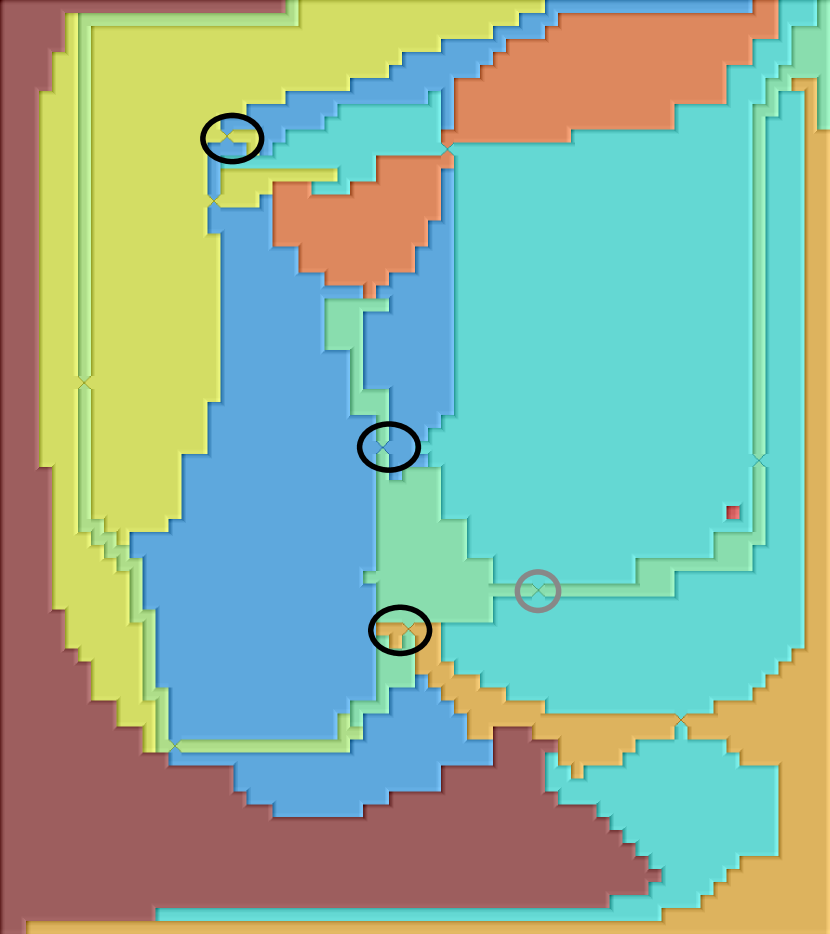 Segmentation embedding with three edge crossings marked by black circles and one edge crossing marked by a gray circle.