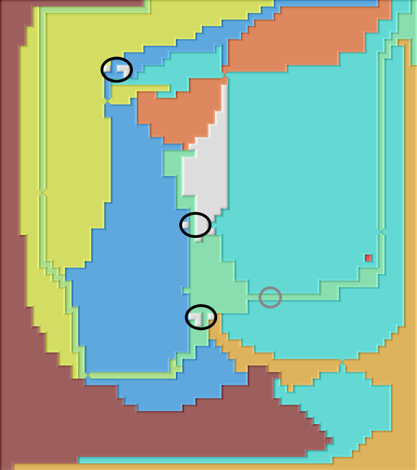 Segmentation embedding with three positions of former edge crossings marked by black circles and one position of former edge crossing marked by a gray circle. These three edge crossings have been removed and the respective segments are replaced by white background pixels.