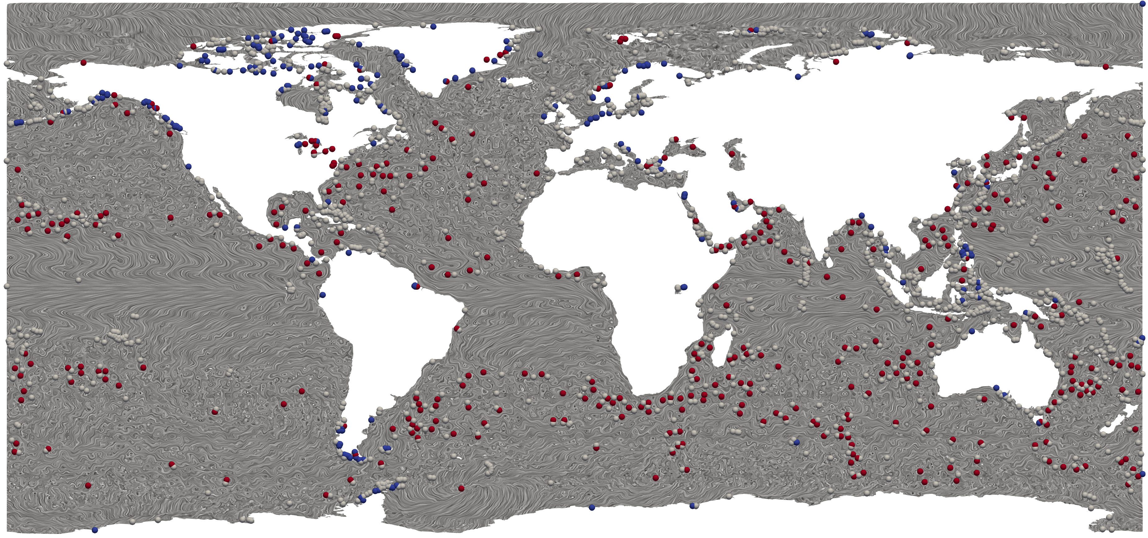 A map of earth with flow along oceans and points in various locations.