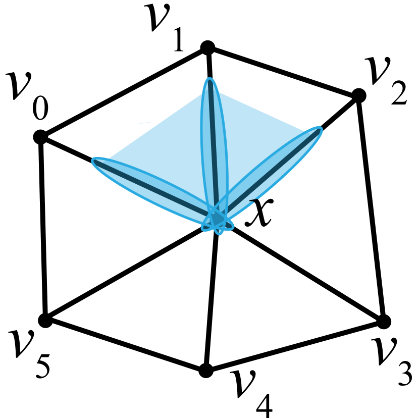 A triangulated hexagon with various coloring to indicate flow from center vertex.