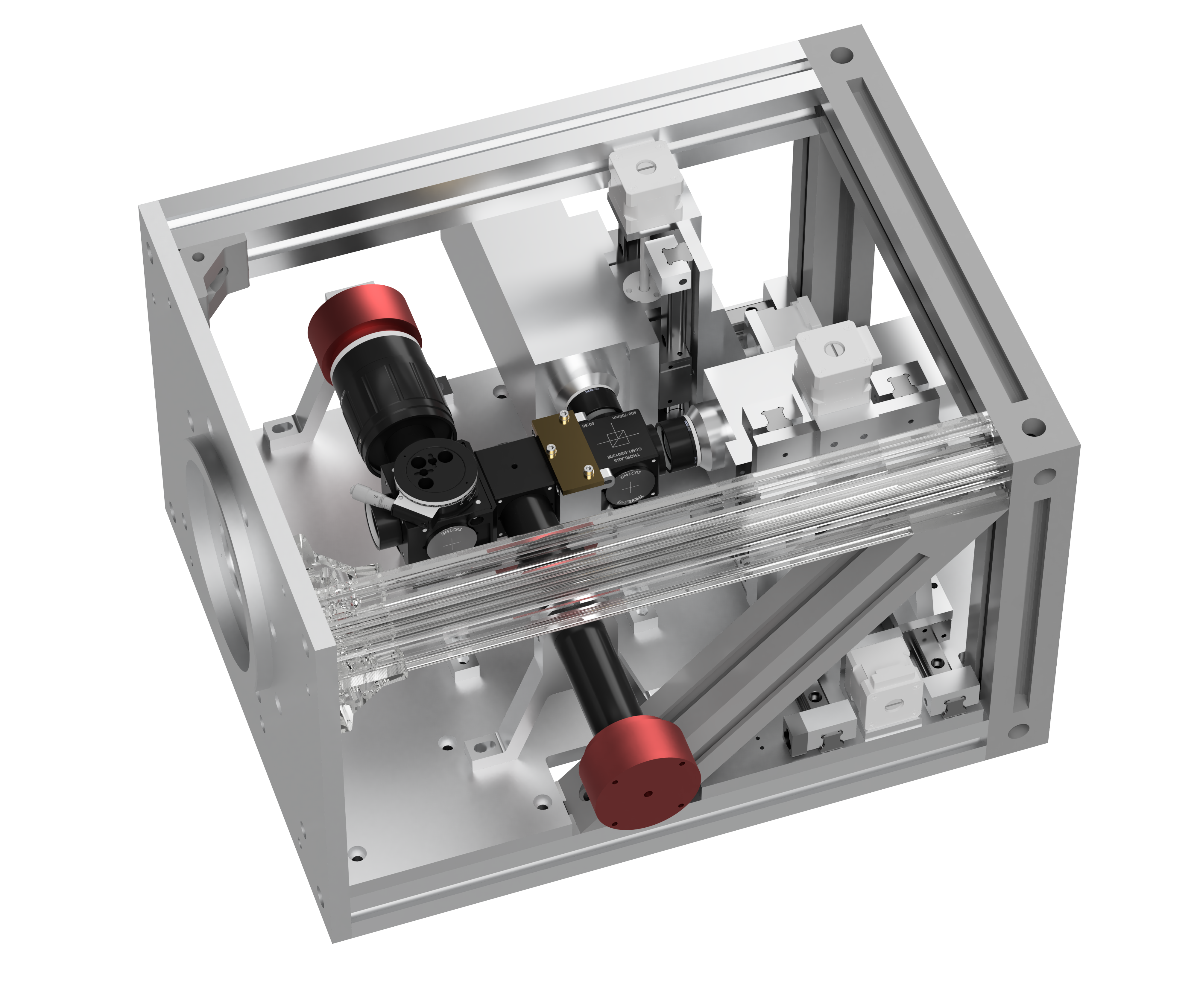Cuboid support structure with the opitcal setup including the detectors and their movement assembly inside.