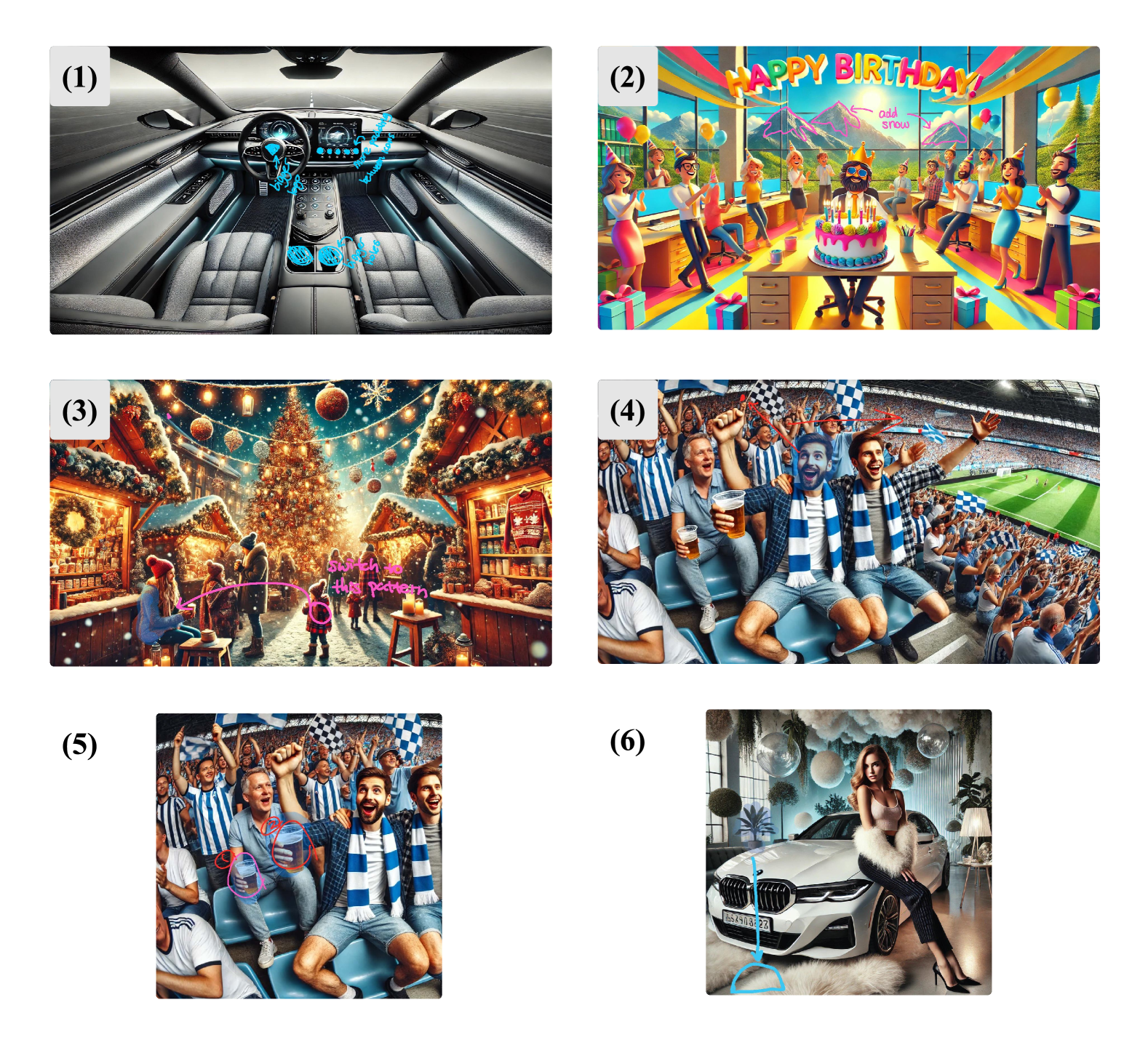 Examples of annotation-based inputs using text, arrows, circles, numbering, and other visual symbols to guide GenAI modifications in images.