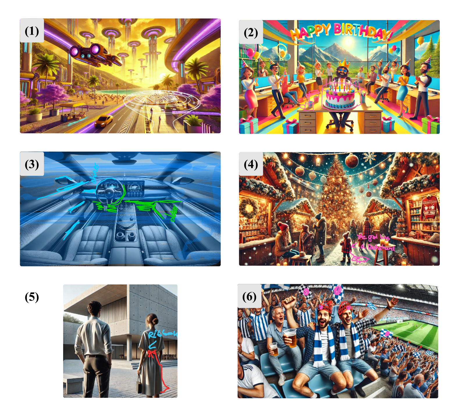 Examples of scribble-based inputs used to guide GenAI refinements, demonstrating how users indicated shape, size, lighting, positioning, and object details.